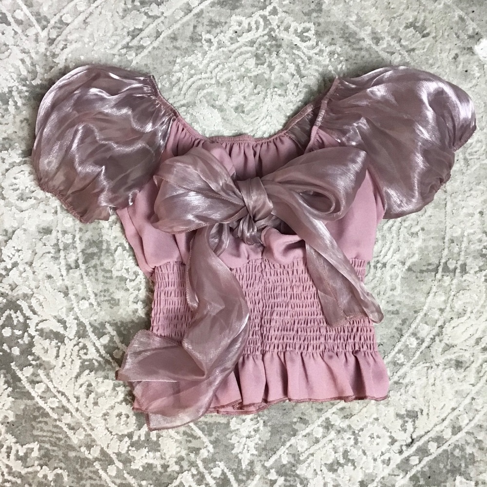 Pink Puff Sleeve Bow Smocked Top